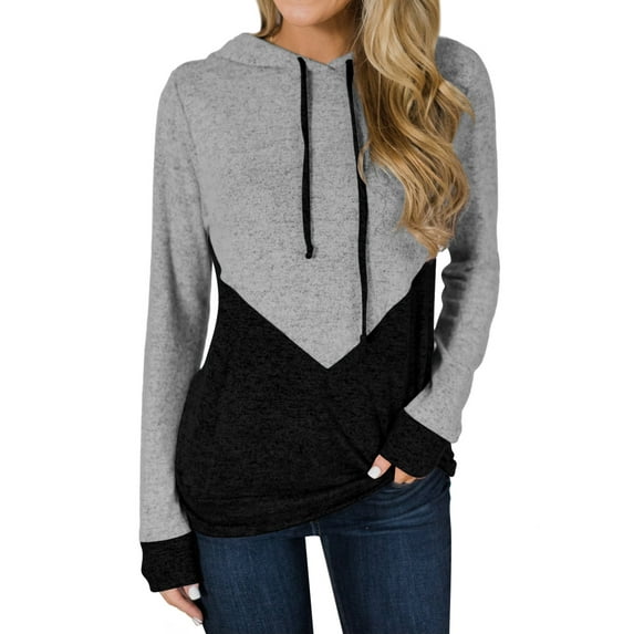 Women Color Block Long Sleeve Drawstring Hooded Top