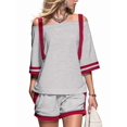 thumbnail image 1 of Women Color Block Off Shoulder Short Sleeve Top and Drawstring Shorts 2 Piece Outfit Set Gray XXXL, 1 of 9
