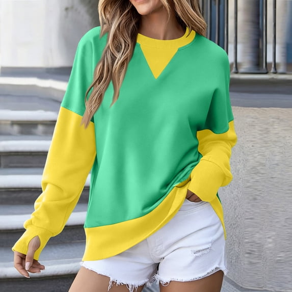 Women Color Block Pullover V Notch Crew Neck Sweatshirt Raglan Long Sleeve Sweatshirts Contrast Side Pocket M