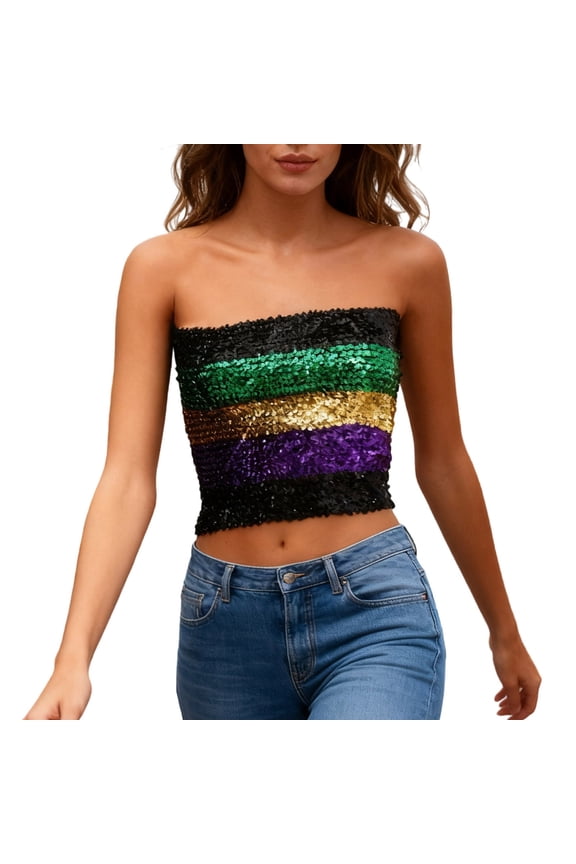 Women Color Block Sequin Tube Tops Sleeveless Sparkly Disco Crop Top Shiny Glitter Bandeau Party Shirt