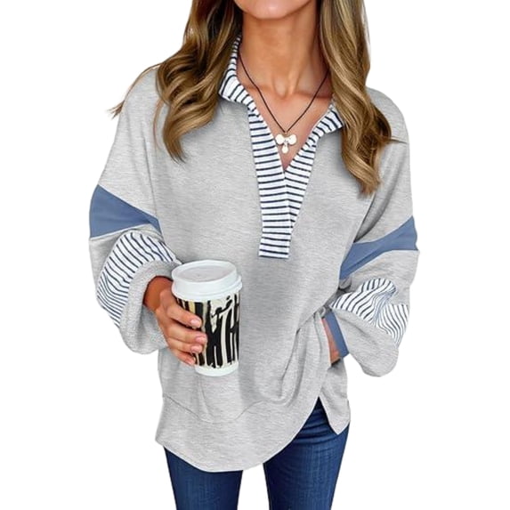 Women Color Block Sweatshirt Casual V Neck Long Sleeve Pullover Top