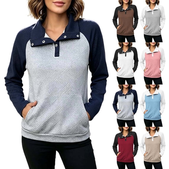 Women Color Block Textured Sweatshirt, Quarter Button Up Collared Long Sleeve Tops, Fall Basic Casual Golf Pullover Shirts S-3XL