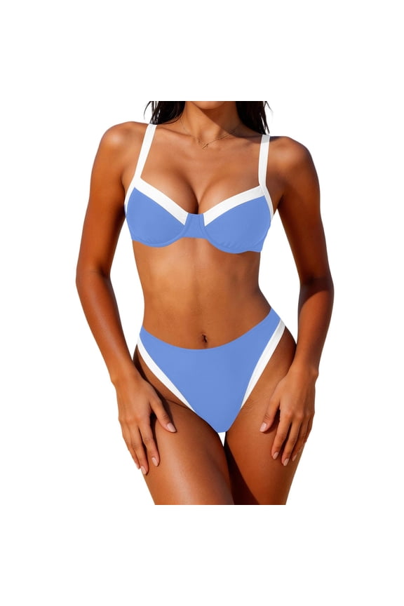 Women Color Block Underwire Bikini Sets Cheeky High Cut 2 Piece Swimsuit