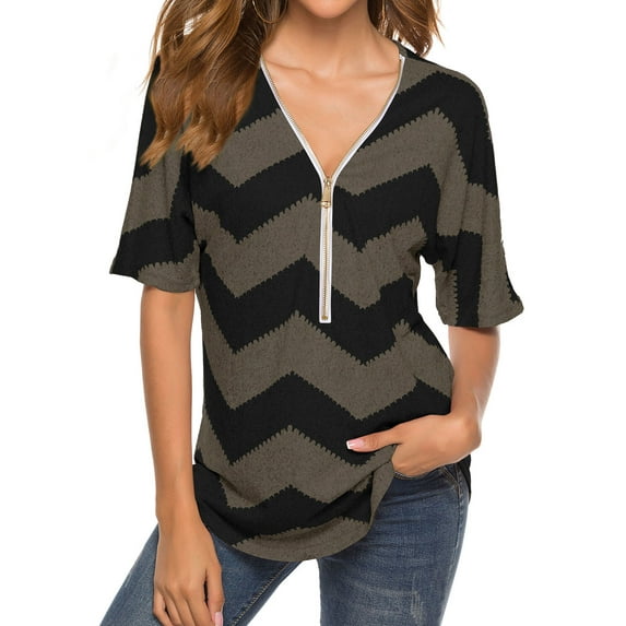 Hibeli Women Stripes Print Zip Up V Neck Short Batwing Sleeves Summer Tunic Top