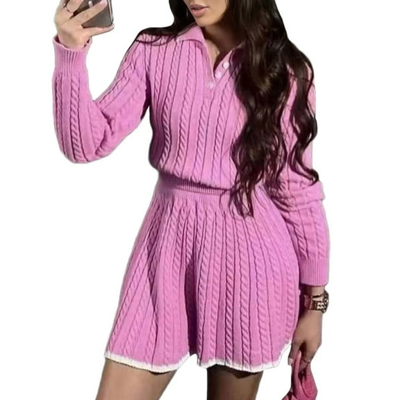 Women Color Contrast Collar Long Sleeves Top High Waisted Short Skirts Vintage 2 Pcs Sets Magenta Color L