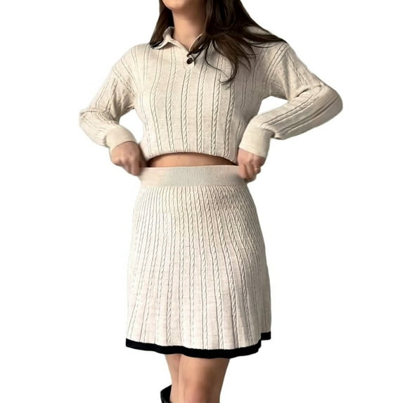 Women Color Contrast Collar Long Sleeves Top High Waisted Short Skirts Vintage 2 Pcs Sets Milky M