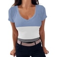 thumbnail image 1 of Women Color Matching Tee Shirt V Neck Ribbed Fitted Tight Short Sleeve TShirt Blouse Basic Knit Top, 1 of 5