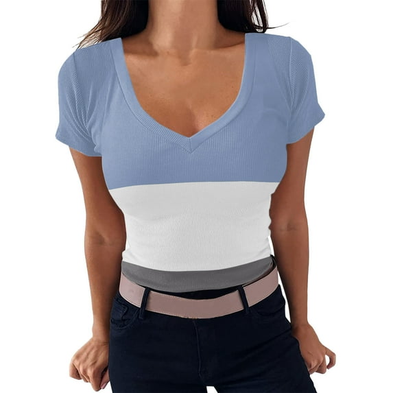 Women Color Matching Tee Shirt V Neck Ribbed Fitted Tight Short Sleeve TShirt Blouse Basic Knit Top