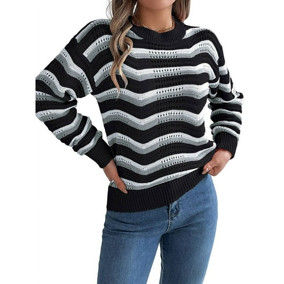 Women Color Matching Wavy Pattern V-Neck Jumper Classy Long Sleeve Hollow Out Knitted Sweater Black M