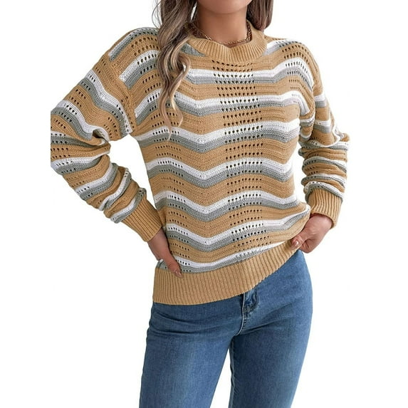 Women Color Matching Wavy Pattern V-Neck Jumper Classy Long Sleeve Hollow Out Knitted Sweater Khaki L