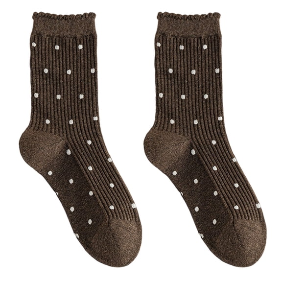 Women Color Middle Tube Ribbed Cotton Calf Socks Japanese Dots Pattern Frilly Ruffle Trim Calf Socks