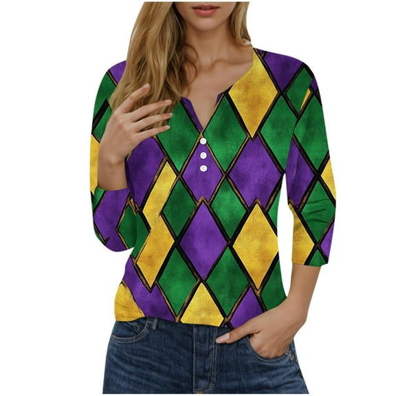Women Colorblock Shirt 3/4 Length Sleeve Blouse Top Tunic Shirts Henley Neck Clothing Carnival