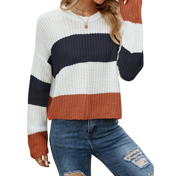 Women Colorblock Stripe Crew Neck Long Sleeve Knitted Sweaters