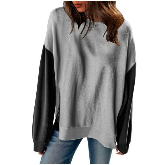 Women Colorblock Sweatshirt Pullover Casual Tops Drop Shoulder Long Sleeve Loose Crew Neck Fall Clothes for Teens Juniors (L, Gray)