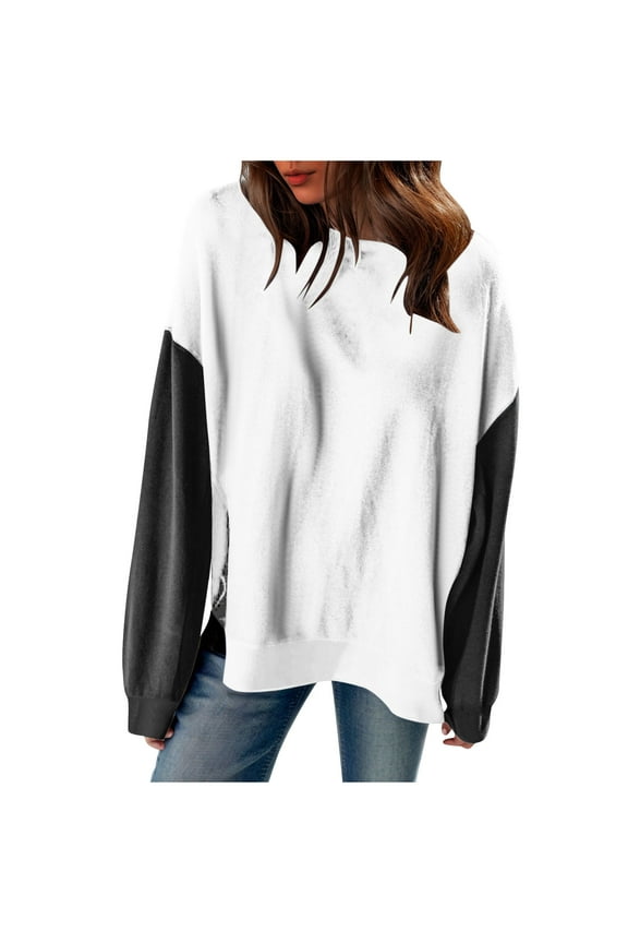 Women Colorblock Sweatshirt Pullover Casual Tops Drop Shoulder Long Sleeve Loose Crew Neck Fall Clothes for Teens Juniors (XL, White)