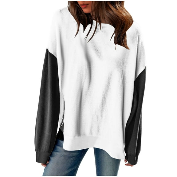 Women Colorblock Sweatshirt Pullover Casual Tops Drop Shoulder Long Sleeve Loose Crew Neck Fall Clothes for Teens Juniors (XL, White)
