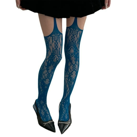 Women Colored Garter Belt Thigh High Stockings Japanese Hollowed Flower Pattern Pantyhose Suspender Tights
