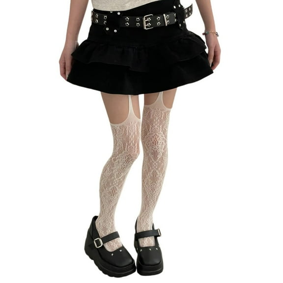 Women Colored Garter Belt Thigh High Stockings Japanese Hollowed Flower Pattern Pantyhose Suspender Tights