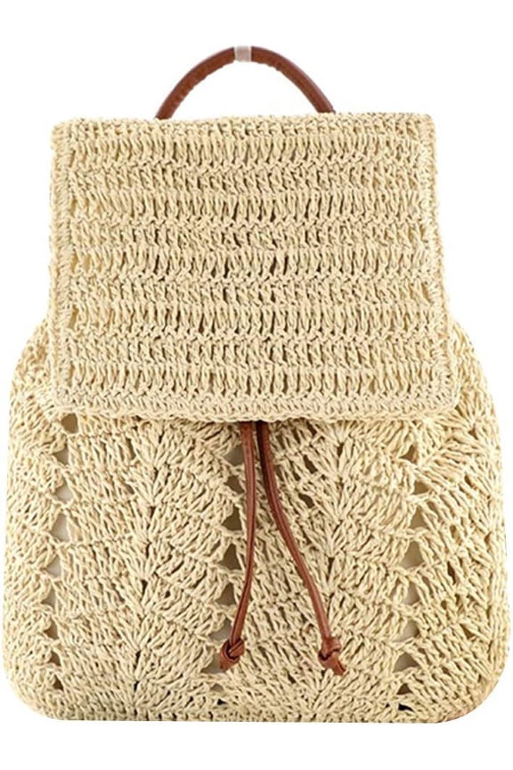 Women Colored Stripes Straw Woven Backpack Flap Drawstring Daypack Beach Shoulders Bag