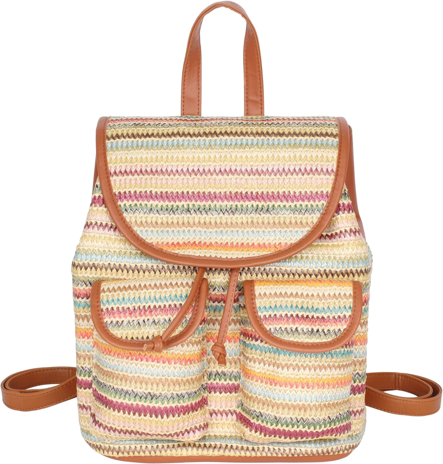Women Colored Stripes Straw Woven Backpack Flap Drawstring  display picture 1