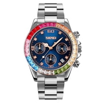 Women Colorful Diamond Watches Chronograph Rotatable Bezel Mineral Glass Luminous Watch Stainless Steel Waterproof Date Analog Quartz Watch Fashion Business Dress Wristwatch