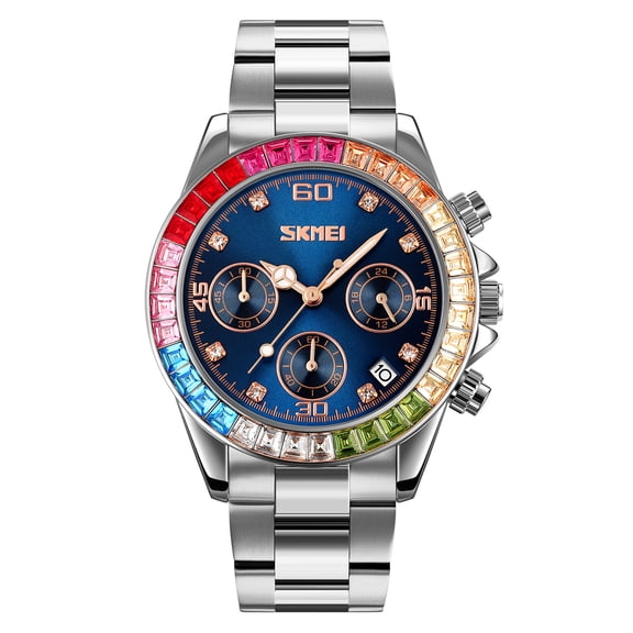Women Colorful Diamond Watches Chronograph Rotatable Bezel Mineral Glass Luminous Watch Stainless Steel Waterproof Date Analog Quartz Watch Fashion Business Dress Wristwatch
