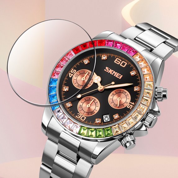 Women Colorful Diamond Watches Chronograph Rotatable Bezel Mineral Glass Luminous Watch Stainless Steel Waterproof Date Analog Quartz Watch Fashion Business Dress Wristwatch