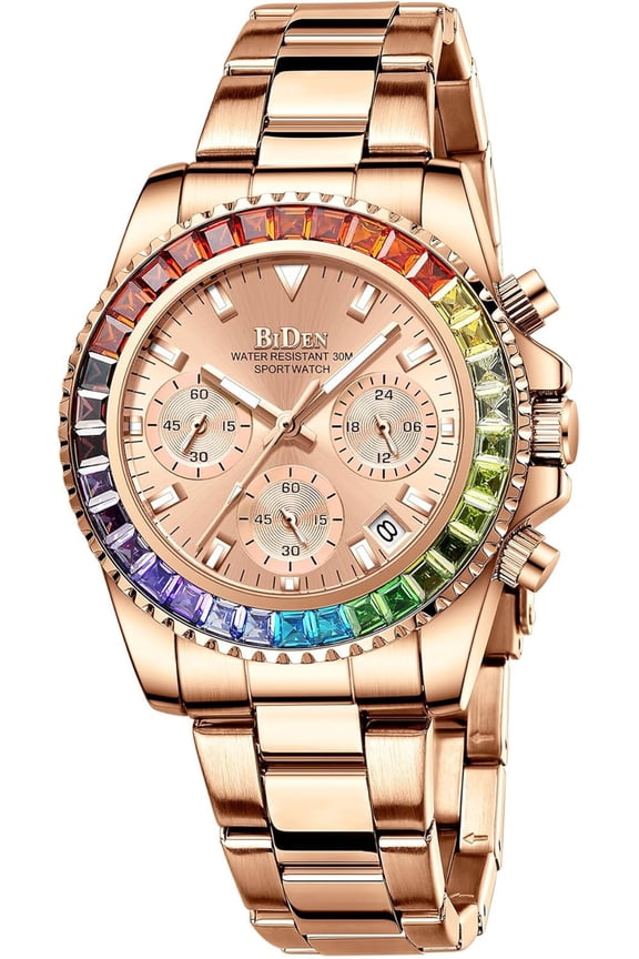 Women Colorful Diamond Watches Chronograph Rotatable Bezel Mineral Glass Luminous Watch Stainless Steel Waterproof Date Analog Quartz Watch Fashion Business Dress Wristwatch