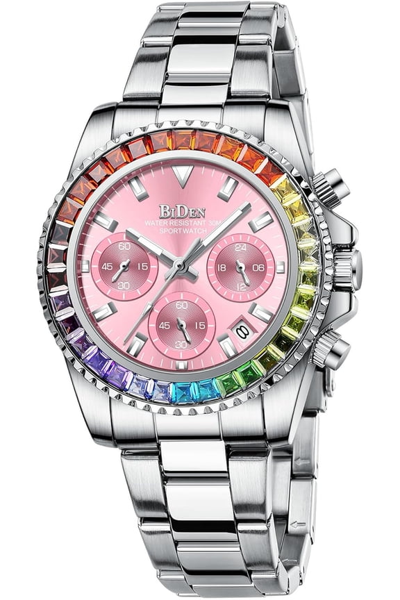 Women Colorful Diamond Watches Chronograph Rotatable Bezel Mineral Glass Luminous Watch Stainless Steel Waterproof Date Analog Quartz Watch Fashion Business Dress Wristwatch