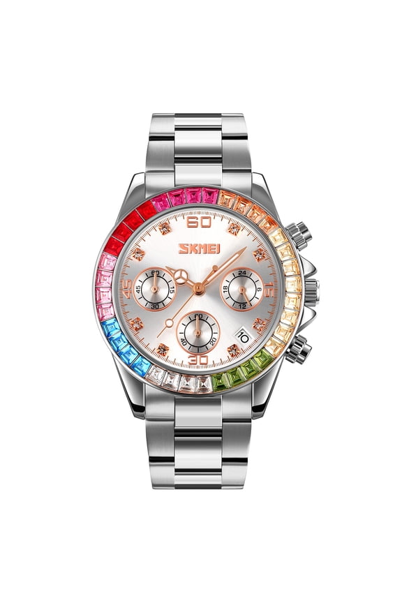 Women Colorful Diamond Watches Chronograph Rotatable Bezel Mineral Glass Luminous Watch Stainless Steel Waterproof Date Analog Quartz Watch Fashion Business Dress Wristwatch