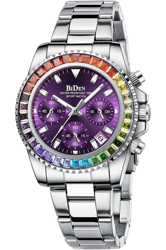 Women Colorful Diamond Watches Chronograph Rotatable Bezel Mineral Glass Luminous Watch Stainless Steel Waterproof Date Analog Quartz Watch Fashion Business Dress Wristwatch