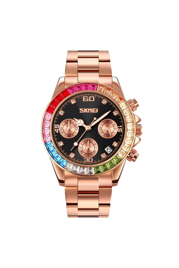 Women Colorful Diamond Watches Chronograph Rotatable Bezel Mineral Glass Luminous Watch Stainless Steel Waterproof Date Analog Quartz Watch Fashion Business Dress Wristwatch