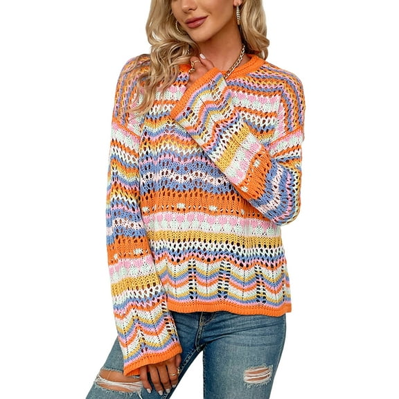 Women Colorful Knit Pullover Crochet Knitted Y2K Long Flared Sleeve Casual Sweater Rainbow Striped Knitwear