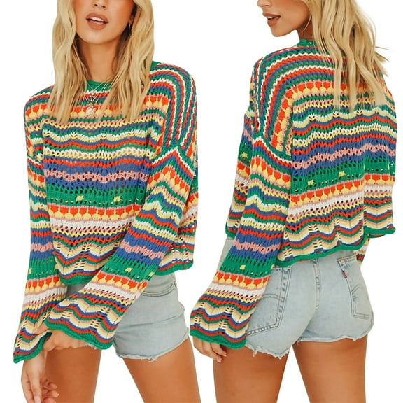 Women Colorful Knit Pullover Crochet Knitted Y2K Long Flared Sleeve Casual Sweater Rainbow Striped Knitwear