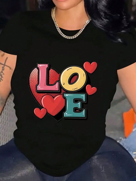 Women Colorful Letters Love Pattern Shirt Cotton T-Shirt Soft, Breathable, Comfort-Fit Crew Neck Tee