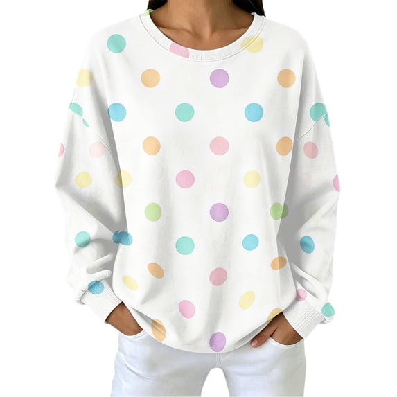 Women Colorful Polka Dot Crewneck Sweatshirt, Drop Shoulder Long Sleeve Loose Fit Casual Pullover Tops for Fall, M