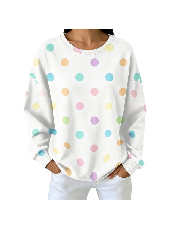Women Colorful Polka Dot Crewneck Sweatshirt, Drop Shoulder Long Sleeve Loose Fit Casual Pullover Tops for Fall, S