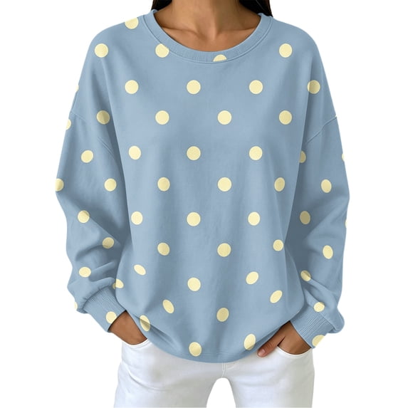 Women Colorful Polka Dot Crewneck Sweatshirt, Drop Shoulder Long Sleeve Loose Fit Casual Pullover Tops for Fall, XL