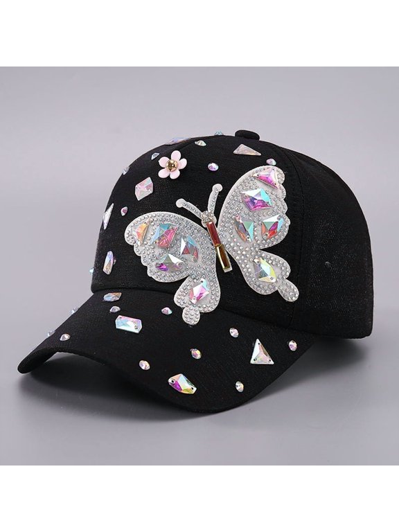 Women Colorful Rhinestone Baseball Cap, Butterfly Sequins Sun Protection Duckbill Hat Fashion Casual Outdoor Visor Hat