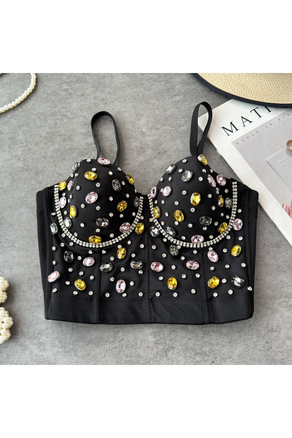 New Women Colorful Rhinestone Diamonds Luxury Corset Top Crop Camis Party Skinny Push Up Bustier Bra
