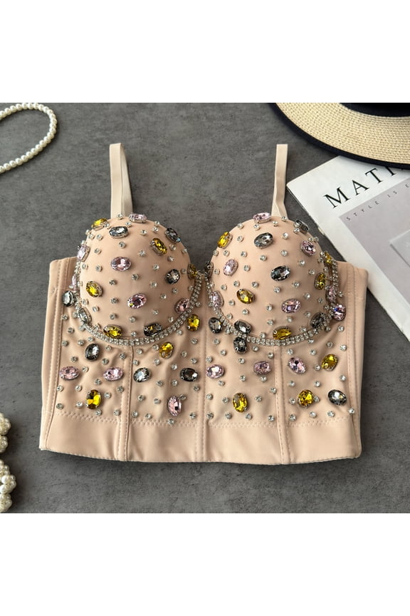 New Women Colorful Rhinestone Diamonds Luxury Corset Top Crop Camis Party Skinny Push Up Bustier Bra