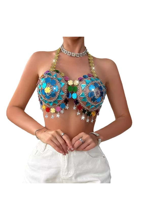 Women Colorful Sequins Star Tassels Chain Halterneck Crop Top Backless Body Jewelry Camisole Festivals Party Outfit