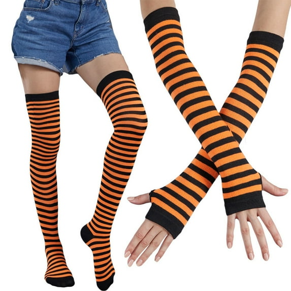 Women Colorful Striped Thigh High Socks Arm Warmers Set Knit Over Knee Stockings