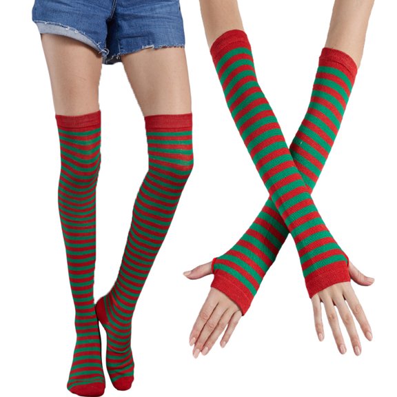 Women Colorful Striped Thigh High Socks Arm Warmers Set Knit Over Knee Stockings
