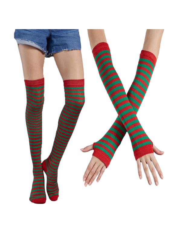 Women Colorful Striped Thigh High Socks Arm Warmers Set Knit Over Knee Stockings