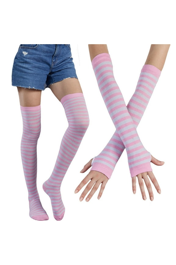 Women Colorful Striped Thigh High Socks Arm Warmers Set Knit Over Knee Stockings