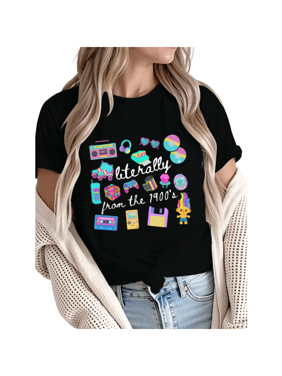 Women Comfortable 90s Nostalgia Colorful Retro Icons Graphic T-Shirt Tops Round Neck Cotton T Shirt Black S-5XL