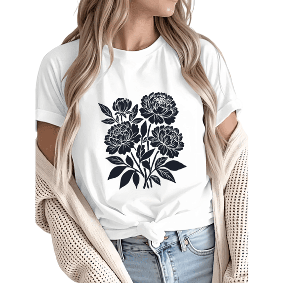 Women Comfortable Black Peony Floral Graphic T-Shirt Tops Round Neck Cotton T Shirt White S-5XL