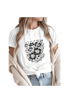 Women Comfortable Black Wildflower Bouquet Graphic T-Shirt Tops Round Neck Cotton T Shirt White S-5XL