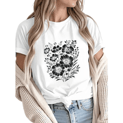 Women Comfortable Black Wildflower Bouquet Graphic T-Shirt Tops Round Neck Cotton T Shirt White S-5XL